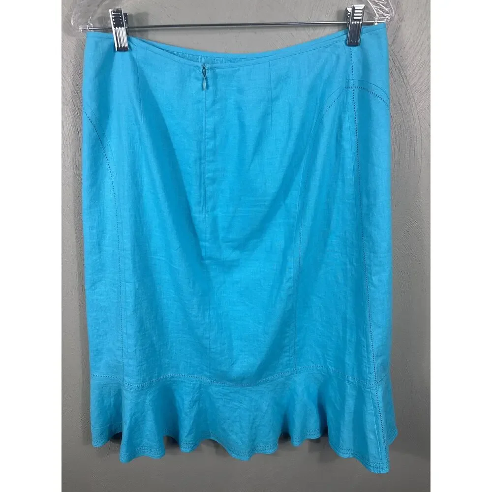 Sag Harbor Linen Blend Skirt Women 12 Blue Excellent‎ Ruffle Hem Midi T63053KH